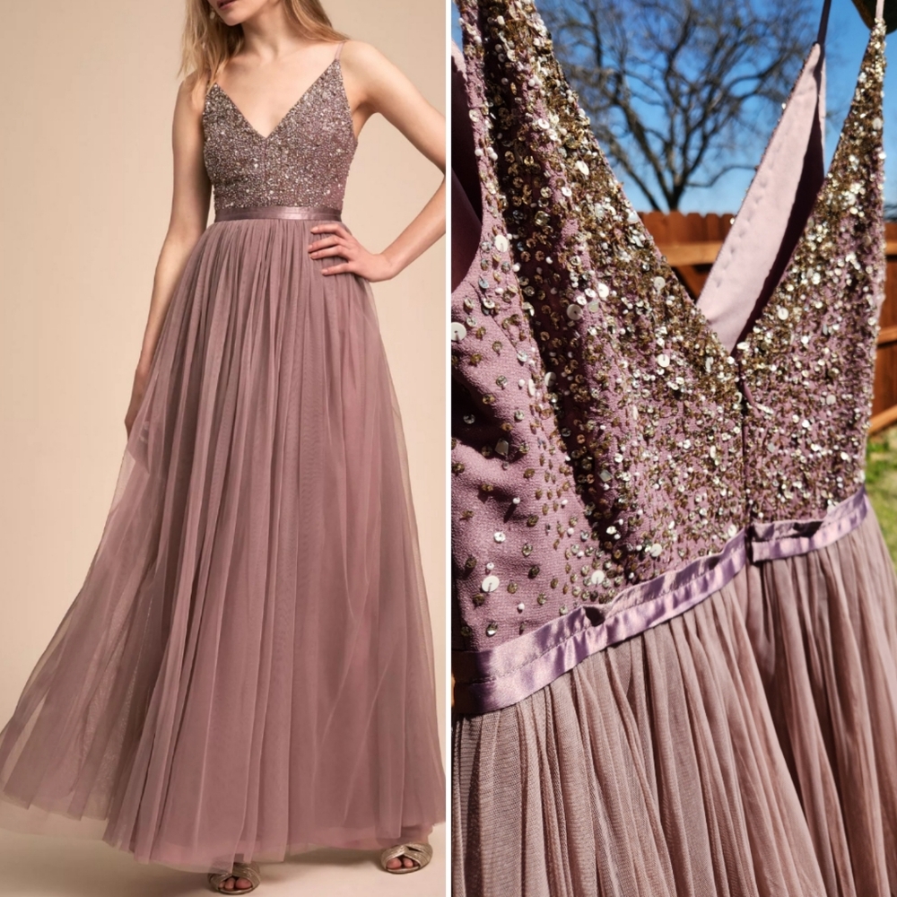BHLDN Mauve Sequin Bodice Tulle Maxi Dress